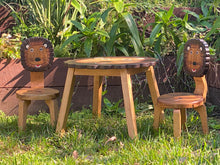 Load image into Gallery viewer, Kids Wooden Table + 2 Chairs Set Lion Design Carved Timber Children Furniture