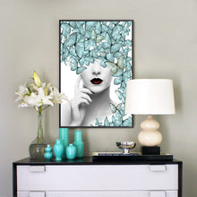 Load image into Gallery viewer, Wall art canvas framed print Woman with Butterflys  90 x 60cm.