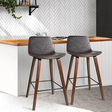 Load image into Gallery viewer, Artiss Set of 2 PU Leather Bar Stools Square Footrest - Wood and Brown