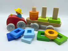 Load image into Gallery viewer, Kids wooden tractor toy with stacking shapes