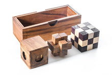 Load image into Gallery viewer, 3 individual brainteaser wooden puzzles in a gift wooden box