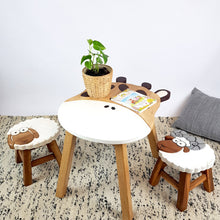 Load image into Gallery viewer, Kids Wooden Table + 2 stools Set Giraffe & Sheep themed- hand carved Timber Children Furniture