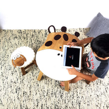 Load image into Gallery viewer, Kids Wooden Table + 2 stools Set Giraffe & Sheep themed- hand carved Timber Children Furniture