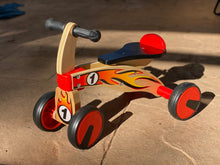 Load image into Gallery viewer, Ride on four wheeled wooden push bike on rubber wheels for toddlers.