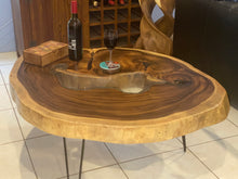 Load image into Gallery viewer, Coffee Table, Round wood large  112 cm across 91cm width and 9 cm thick, glass inlay feature