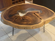 Load image into Gallery viewer, Coffee Table, Round wood large  112 cm across 91cm width and 9 cm thick, glass inlay feature
