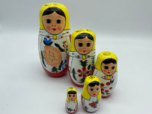 Load image into Gallery viewer, Wooden Nesting Dolls 5 pcs in red and yellow.