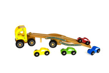 Load image into Gallery viewer, Kids Wooden Car Carrier Truck Toy (Beech Wood) 6 Rubber Wheels movable tray and cars-Age: 18 M+.