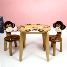 Load image into Gallery viewer, Childrens furniture Wooden Table + 2 Chairs Set MONKEY Design Carved Timber Children Furniture