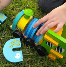 Load image into Gallery viewer, Wooden Train Toy with Puzzle Shapes for building and imaginative play