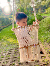 Load image into Gallery viewer, Handmade Cotton Macramé Toddler Swing Chair in natural white/cream- using 100% sustainable European wood