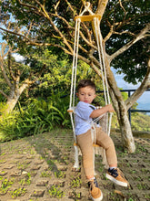Load image into Gallery viewer, Handmade Cotton Macramé Toddler Swing Chair in natural white/cream- using 100% sustainable European wood