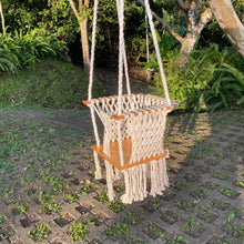 Load image into Gallery viewer, Handmade Cotton Macramé Toddler Swing Chair in natural white/cream- using 100% sustainable European wood