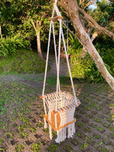 Load image into Gallery viewer, Handmade Cotton Macramé Toddler Swing Chair in natural white/cream- using 100% sustainable European wood