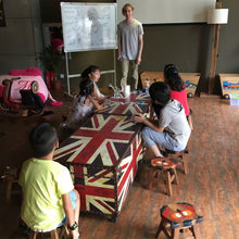 Load image into Gallery viewer, Kids Wooden LION Table + 4 animal stools complete set hand carved Timber Children Furniture.