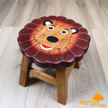 Load image into Gallery viewer, Kids Wooden LION Table + 2 animal stools complete set -hand carved Timber Children Furniture.