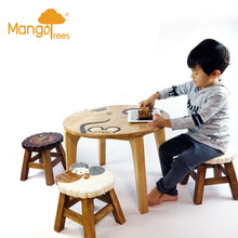Load image into Gallery viewer, Kids Wooden LION Table + 2 animal stools complete set -hand carved Timber Children Furniture.