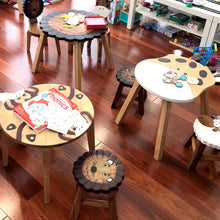 Load image into Gallery viewer, Kids Wooden LION Table + 2 animal stools complete set -hand carved Timber Children Furniture.