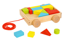 Load image into Gallery viewer, Small Mini sized Wooden building puzzle blocks qty 20 in wood tray for toddlers with wheels and pull along handle