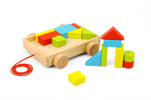 Load image into Gallery viewer, Small Mini sized Wooden building puzzle blocks qty 20 in wood tray for toddlers with wheels and pull along handle