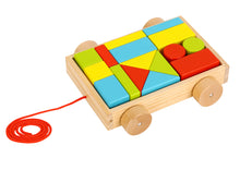 Load image into Gallery viewer, Small Mini sized Wooden building puzzle blocks qty 20 in wood tray for toddlers with wheels and pull along handle