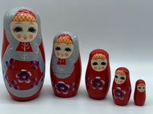 Load image into Gallery viewer, Wooden Nesting Dolls 5pcs in red & silver