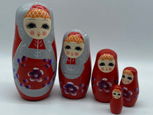 Load image into Gallery viewer, Wooden Nesting Dolls 5pcs in red & silver