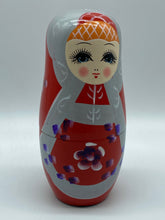 Load image into Gallery viewer, Wooden Nesting Dolls 5pcs in red & silver