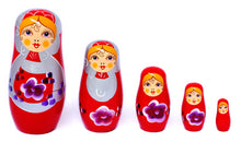 Load image into Gallery viewer, Wooden Nesting Dolls 5pcs in red & silver
