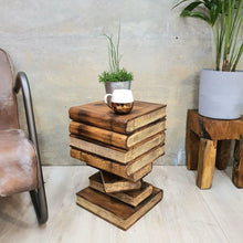 Load image into Gallery viewer, Side Table, Book Stack Theme corner Stool, Plant Stand Raintree Wood with storage compartment