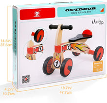 Load image into Gallery viewer, Ride on four wheeled wooden push bike on rubber wheels for toddlers.