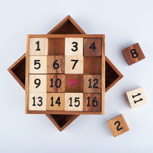 Load image into Gallery viewer, Slide 15 numbers sort brain teaser puzzle, wood, handmade 3D puzzle-sort the numbers in correct order