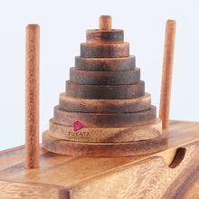 Load image into Gallery viewer, Pagoda 9 ring brain teaser puzzle, wood, handmade 3D puzzle-arrange rings on end column to solve