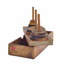 Load image into Gallery viewer, Pagoda 9 ring brain teaser puzzle, wood, handmade 3D puzzle-arrange rings on end column to solve