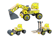 Load image into Gallery viewer, DIY wooden model kit Forklift roller and excavator in kit with tools.