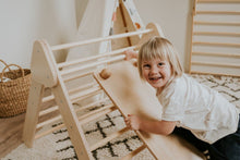 Load image into Gallery viewer, Children's Natural indoor Climbing Triangle and Swedish Wall 2in1, Montessori Triangle, Climber, Climbing Triangle Set, plus balance board.