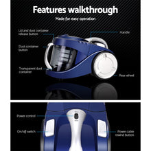Load image into Gallery viewer, Devanti Vacuum Cleaner Bagless Cyclone Cyclonic Vac Home Office Car 2200W Blue