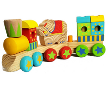 Load image into Gallery viewer, Wooden Block Puzzle Shapes Circus Elephant Stacking Train-12 shaped blocks.