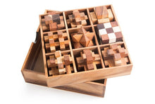 Load image into Gallery viewer, Wooden brain teaser puzzle gift box - 9 individual mechanical puzzle set in own box