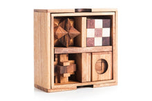 Load image into Gallery viewer, 4 individual brainteaser wooden puzzles in a gift wooden box.
