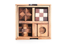 Load image into Gallery viewer, 4 individual brainteaser wooden puzzles in a gift wooden box.
