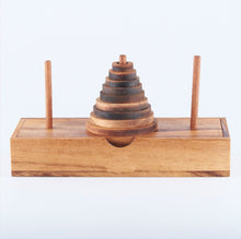 Load image into Gallery viewer, Pagoda 9 ring brain teaser puzzle, wood, handmade 3D puzzle-arrange rings on end column to solve
