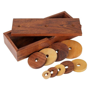 Pagoda 9 ring brain teaser puzzle, wood, handmade 3D puzzle-arrange rings on end column to solve