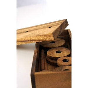 Pagoda 9 ring brain teaser puzzle, wood, handmade 3D puzzle-arrange rings on end column to solve