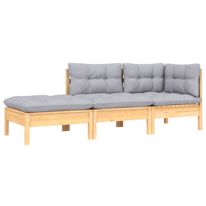 3 Piece Garden Lounge Set with Grey Cushions Solid Pinewood