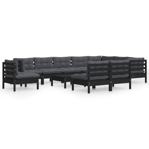 11 Piece Garden Lounge Set with Cushions Black Solid Pinewood