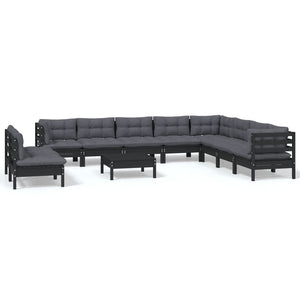 11 Piece Garden Lounge Set with Cushions Black Solid Pinewood