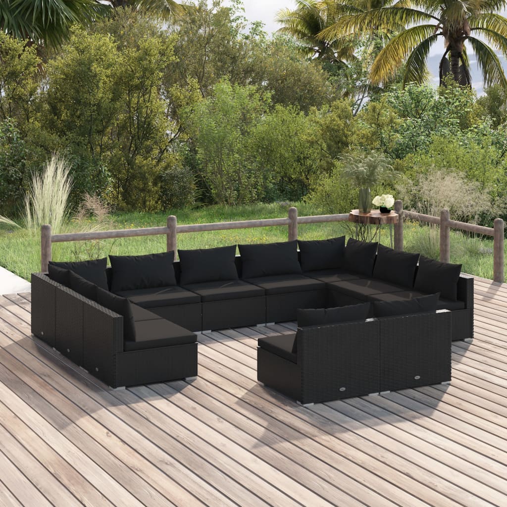 11 Piece Garden Lounge Set with Cushions Black Poly Rattan