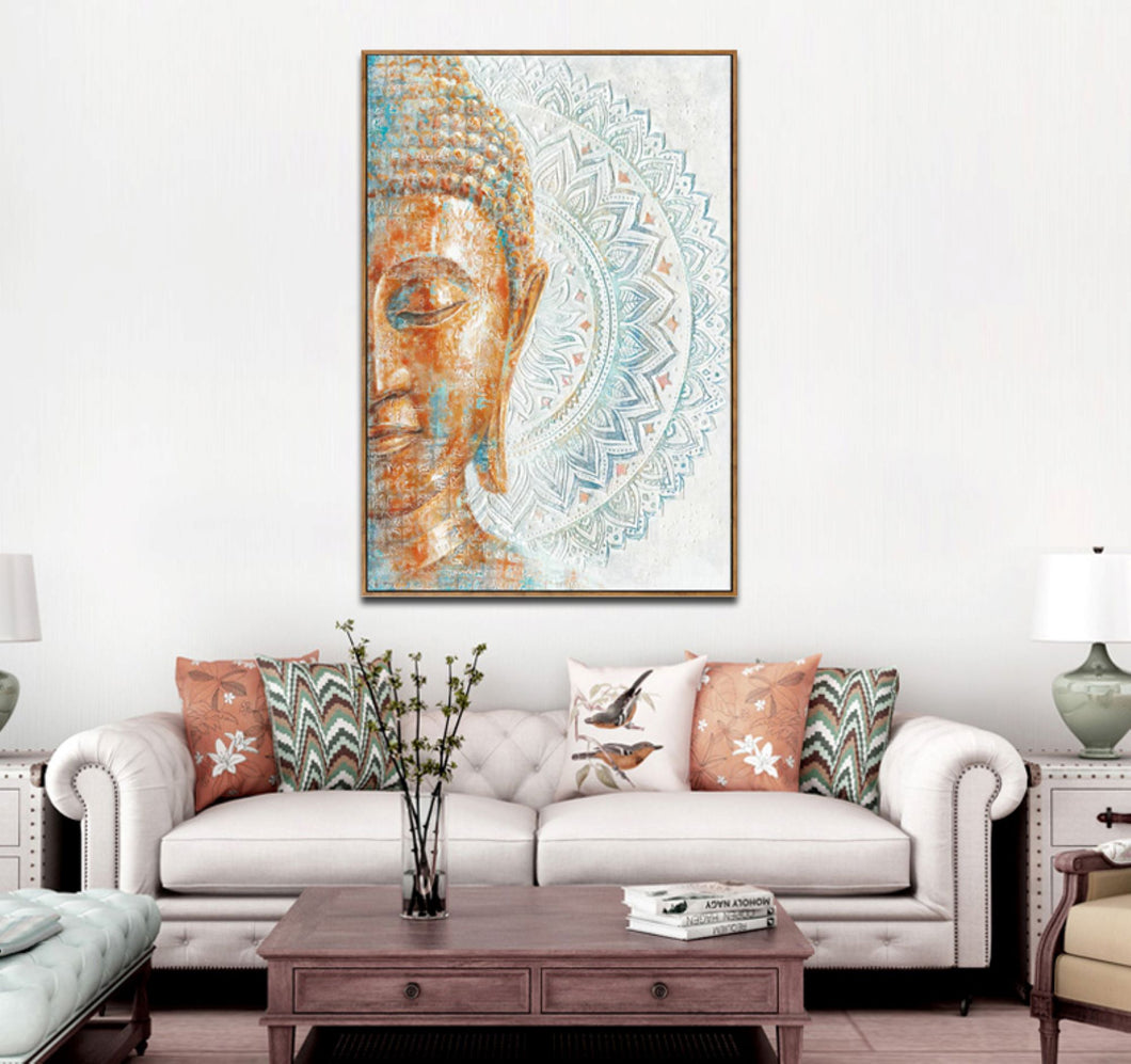 Wall Art Mandala Buddha Canvas Print with Light Natural Frame 60 x 90cm