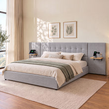 Load image into Gallery viewer, Artiss King Bed Frame with Wide Headboard, Floating Shelves and USB Grey
